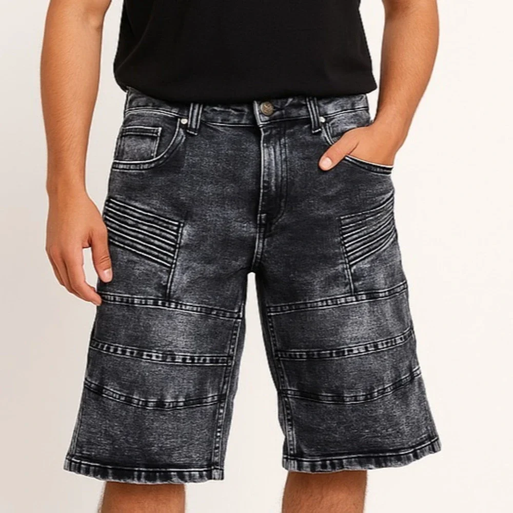 Phat Farm‎ Biker Denim Shorts Mens 30 Black Acid Wash Moto Stretch Streetwear